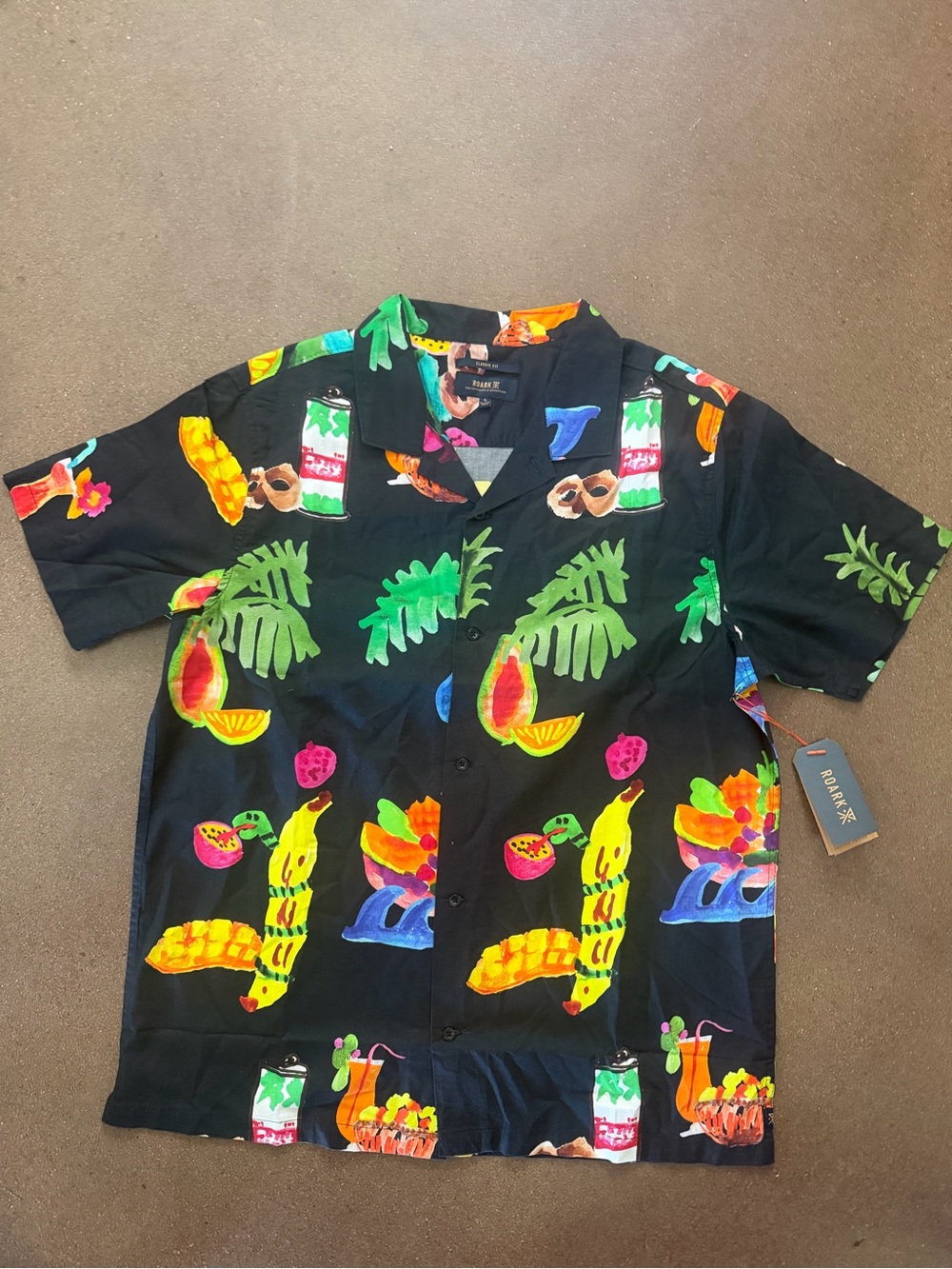 ROARK NEW TAHITI Black Floral Tropical Vacation Travel Shirt ORGANIC Sz Large